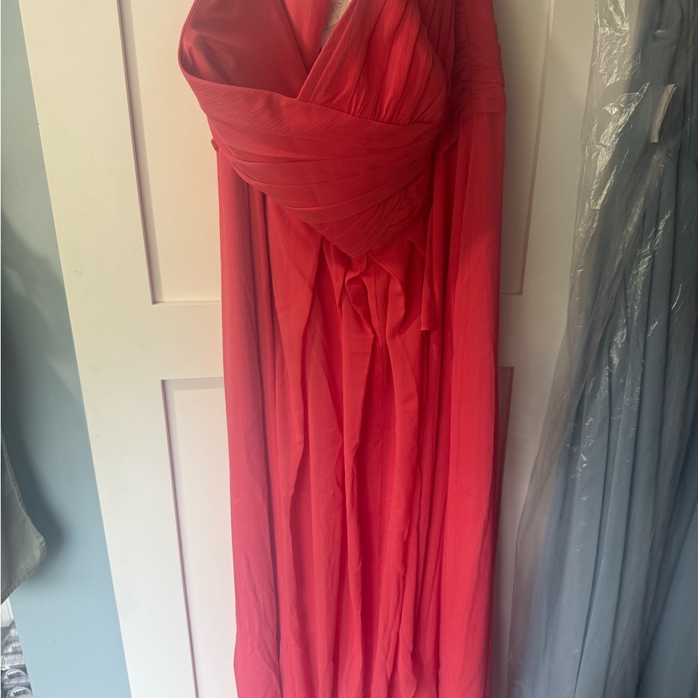 David's Bridal Coral Pleated Strapless Gown